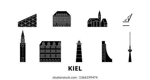 Germany, Kiel flat travel skyline set. Germany, Kiel black city vector illustration, symbol, travel sights, landmarks.