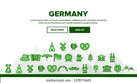 Germany Landing Web Page Header Banner Template Vector. Germany Flag And Mountain, National Hat And Suit, Food And Beer Illustration