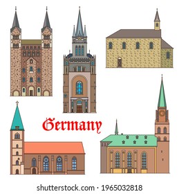 Germany landmark buildings, architecture castles, gothic palaces and churches, vector. Marienkirche in Lemgo, Hoxter Corvey Abbey, St Nikolai chapel in Soest, Bielefeld church and Aachen Pfalz palace svg