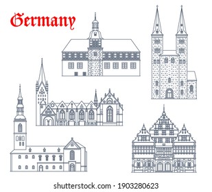 Germany landmark buildings and architecture icons, German churches and cathedrals, vector. St Kilian kirche in Hoexter and Peterkirche church in Soest, rathaus and cathedral dom in Padeborn