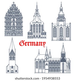 Germany landmark buildings architecture, vector icons of gothic churches and cathedrals. Germany landmark of St Michael and John church Luneburg, Oppenheim Katharinenkirche and Gewandhaus Braunschweig