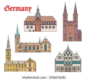 Edificios de arquitectura en Westfalia, iglesias y catedrales alemanas, vector. Kirche St Kilian en Hoexter, rathaus y la Catedral de la Rama en Padeborn, Iglesia Peterkirche en el Sueste