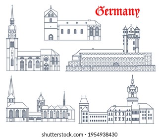 Edificios históricos, castillos, catedrales e iglesias de Alemania, iconos vectores. Lugar de referencia de Alemania en la Catedral de Munster, la Iglesia de San Reinold y Peter en Dortmund, el Castillo de Schwanenburg en Kleve y Eltville