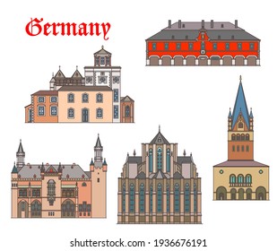 Germany landmark buildings and cathedrals of Aachen, German travel architecture, vector. Germany St Kornelius kirche, rathaus in Soest, Bergischer Dom cathedral in Altenberg and St. Patrokli church svg