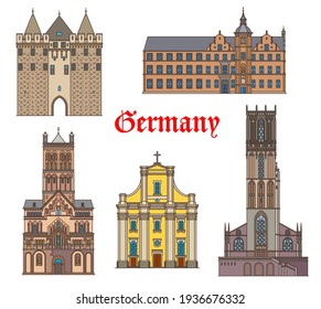 Germany landmark buildings and cathedrals, German travel architecture, vector. Andreaskirche St Andreas church in Dusseldorf, rathaus and Obertor gates, Duisburg Salvatorkirche, St Quirinus cathedral