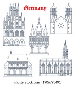 Germany landmark buildings and cathedrals icons, vector German travel and famous architecture, vector. Rathaus in Munster Westphalia, St Lambert catholic church, Sankt Paulus Dom and wooden chapel