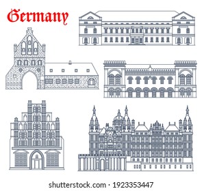 Germany landmark buildings icons, cathedral church architecture of Mecklenburg Vorpommern cities, vector. German landmark Schwerin rathaus, Wismar castle schloss and wassertor, gothic Alter Schwede