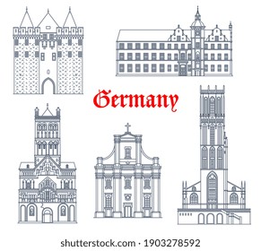 Germany landmark buildings and travel icons, Dusseldorf architecture vector icons. St Andreas kirche church in, rathaus and Obertor gates, Salvatorkirche in Duisburg and St Quirinus cathedral in Neuss