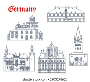 Germany landmark buildings and travel icons, Aachen churches architecture vector icons. Germany landmarks of Soest rathaus and Altneberg cathedral, Bergischer Dom and St Kornelius and Patrokli church svg