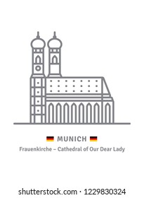 Germany landmark line icon. Munich Frauenkirche and German flag vector illustration.