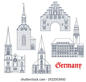 Germany landmarks, architecture buildings vector icons, German Schleswig Holstein cities cathedrals. St Nikolai church, Heiliggeistkirche and Marienkirche, Nordertor gate in Flensburg and Kiel rathaus