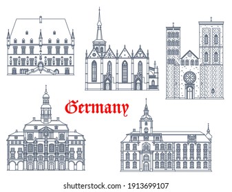 Germany landmarks architecture, cathedrals vector icons, houses and buildings of German Saxony cities. Landmarks of Saint Maria church in Osnabrueck, Lueneburg rathaus, cathedral and Oldenburg castle