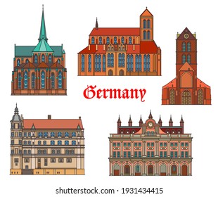 Arquitectura de referencia en Alemania, ciudades alemanas, edificios de Rostock y Gustrow, vector. Kirche St Nikolai, Marienkirche y Wismar rathaus, Catedral cisterciense en Bad Doberan y castillo gótico schloss