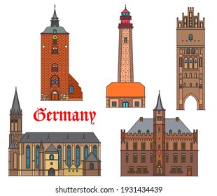 Germany landmarks architecture, German cities buildings, cathedrals and churches, vector. St Nikolai kirche in Fehmarn and Kalkar, lighthouse Flugge and Anklam Steintor gate in Schleswig and Pomerania