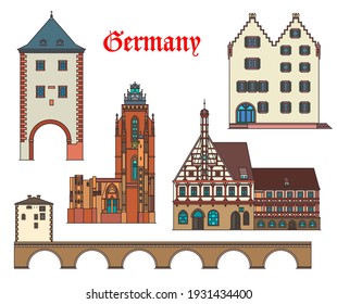 Germany landmarks architecture and German city houses buildings, vector. Germany landmarks of Forchheim rathaus, Oppenheim Gautor monument, Limburg old bridge and Wetzlar cathedral in Bavaria, Hessen