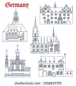 Germany landmarks architecture, German Darmstadt buildings of churches and cathedrals, vector icons. Germany orthodox St Maria Magdalena and Saint Valentin kirche, Rathause town hall in Kiedrich