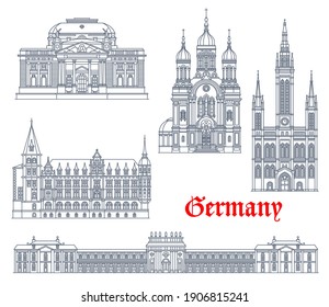 Germany landmarks architecture, German Wiesbaden buildings, vector icons. Germany famous landmarks of Hesse Staatstheater theater, Greek orthodox chapel Biebrich castle and Marktkirche church