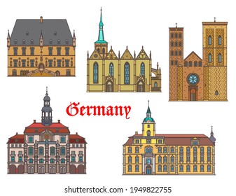 Arquitectura, casas y catedrales de Alemania, edificios de ciudades vectoriales. Puntos de referencia de viajes alemanes de Osnabruck y Luneburg rathaus y catedral, iglesia y castillo kirche St Marien en Oldenburg