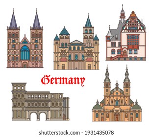 Deutschland Wahrzeichen Architektur in Trier und Fulda deutschen Städten, Vektorgrafik. Wahrzeichen-Gebäude der Kathedrale St. Peter, des Limburger Rathauses, der Porta-Stadttore und des St. Viktor-Doms in Xanten