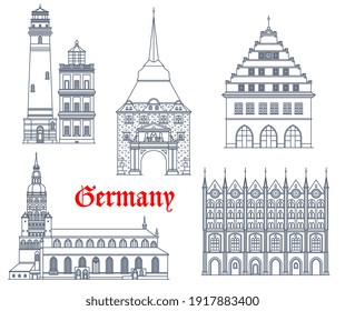 Germany landmarks buildings architecture and cathedrals of German Mecklenburg Pomerania cities. Rostock, Greifswald and Stralsund rathaus buildings, Ruegen lighthouse and gothic Steintor gates