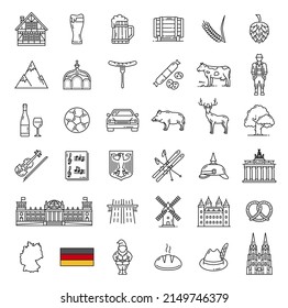 Germany landmarks, food, industry and travel outline icons. Vector German flag and map, Oktoberfest beer, sausages, Bavarian costume, pretzel and hunting hat, Berlin architecture, heraldic eagle