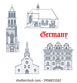 Históricos de Alemania en la arquitectura de viajes de los íconos vectores. Alemania Baden Wurttemberg monumentos de la iglesia de la capilla de Rottweil, Magnuskirche en Worms, Creglingen Allmachtigen Gottes Kirche y Mackert-Haus