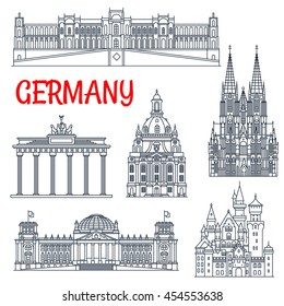 Germany landmarks thin line icons. Brandenburg gate and Neuschwanstein castle, Reichstag building and Cologne cathedral,  frauenkirche in Berlin and Munich, Hohenschwangau Bavaria