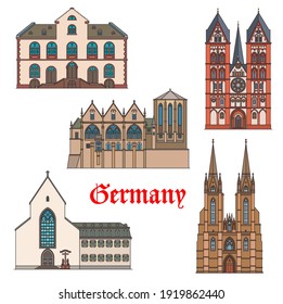 Germany landmarks, travel architecture of Marburg in Hesse, vector. German landmark buildings of Elisabethkirche and Sankt Sebastian church, Alte Universitat, Wiesbaden rathaus and Limburg cathedral