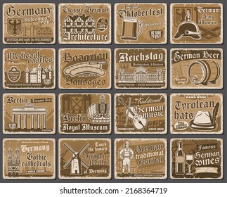 Germany landmarks and travel sightseeing grunge signs, German culture vector retro posters. Germany tourism attractions Berlin museum, Oktoberfest traditional beer festival and curry wurst sausages