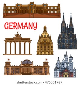 Germany landmarks vector icons of Brandenburg Gate, Reichstag, Neuschwanstein Castle, Cologne Cathedral, Frauenkirche, Maximilianeum. German showplaces symbols for souvenirs and travel magnets design