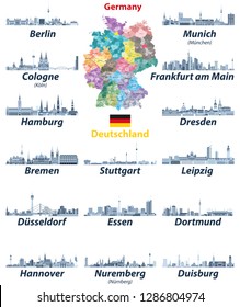 Germany largest cities skylines icons in tints of blue color palette vector set. Map and flag of Germany