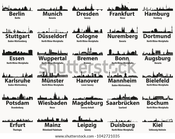 Deutschland Grosste Stadte Skylines Silhouetten Vektorset Stock Vektorgrafik Lizenzfrei