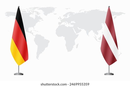 Germany and Latvia flags for official meeting against background of world map.