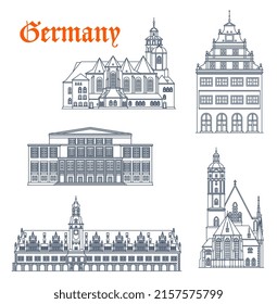 Germany, Leipzig architecture buildings and houses, vector travel landmarks. German Leipzig architecture of St Thomas Church or Thomaskirche, Saint Nicholas Nikolaikirche, Leipzig Opera and Alte Waage