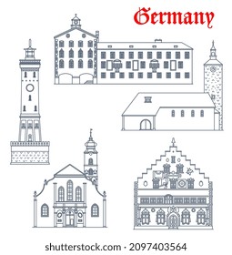 Germany, Lindau architecture buildings and travel landmarks of Bavaria, vector. St Stephen church or Stephanskirche, Altes rathaus town hall of Garmisch-Partenkirchen and Neue Leuchtturm lighthouse