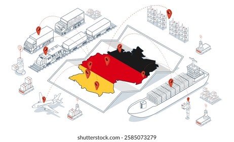 Germany Logistics Network concept with Global Logistics, Warehouse Logistics, Sea Freight Logistics, AGV,  Cargo, Air, Road, Maritime delivery. Vector illustration eps10