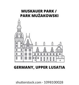 Germany, Lusatia, Park Muzakowski line icon, vector illustration. Germany, Lusatia, Park Muzakowski flat concept sign.