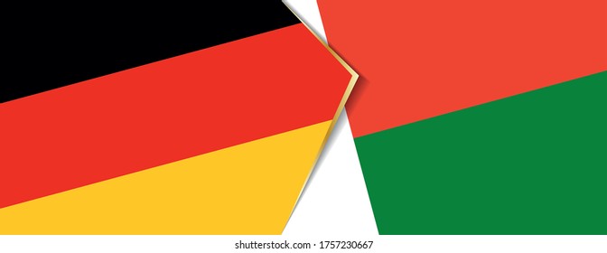 Deutschland und Madagaskar-Flaggen, zwei Vektorfahnen Symbol für Beziehung oder Konfrontation.