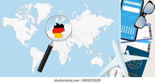 Deutschland wird über eine Weltkarte vergrößert, Illustration mit Flugzeug, Pass, Bordkarte, Kompass und Brille. Vektorgrafik.