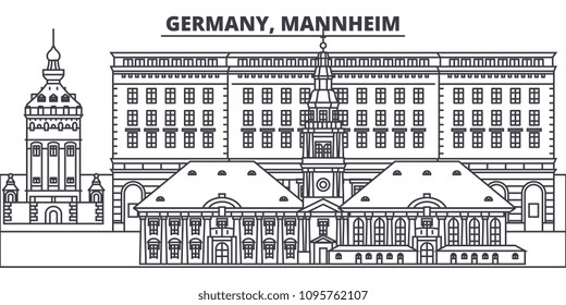 Germany, Mannheim line skyline vector illustration. Germany, Mannheim linear cityscape with famous landmarks, city sights, vector landscape. 