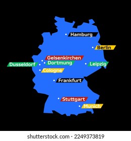 mapa de alemania con todas las ciudades. ciudades donde se celebrarán partidos de fútbol europeo en 2024, vector