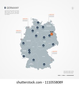 Germany map with borders, cities, capital Berlin and administrative divisions. Infographic vector map. Editable layers clearly labeled.