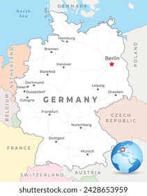 Mapa de Alemania con la capital Berlín, ciudades más importantes y fronteras nacionales 