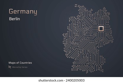 Germany Map with a capital of Berlin Shown in a Microchip Pattern with processor. E-government. World Countries vector maps.
