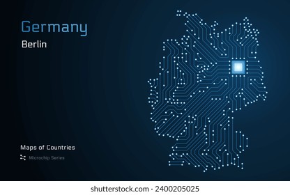 Germany Map with a capital of Berlin Shown in a Microchip Pattern with processor. E-government. World Countries vector maps.
