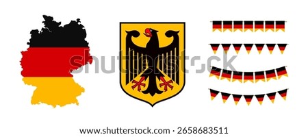 Germany map, coat of arms and decorative flags isolated, Germany national symbols