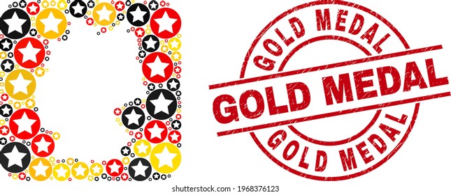 Germany map collage in Germany flag official colors - red, yellow, black, and scratched Gold Medal red round stamp print. Gold Medal stamp uses vector lines and arcs.