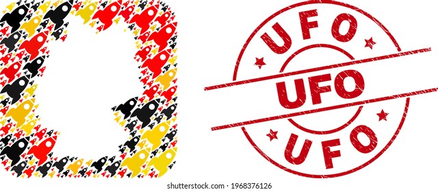Germany map collage in Germany flag official colors - red, yellow, black, and unclean UFO red round stamp print. UFO stamp uses vector lines and arcs.