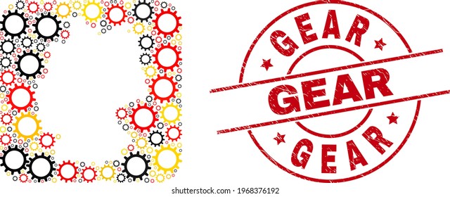 Germany map collage in Germany flag official colors - red, yellow, black, and textured Gear red round seal. Gear seal uses vector lines and arcs.