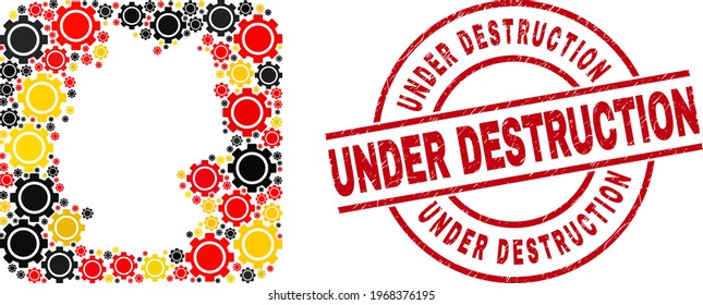 Germany map collage in Germany flag official colors - red, yellow, black, and grunge Under Destruction red round seal. Under Destruction seal uses vector lines and arcs.